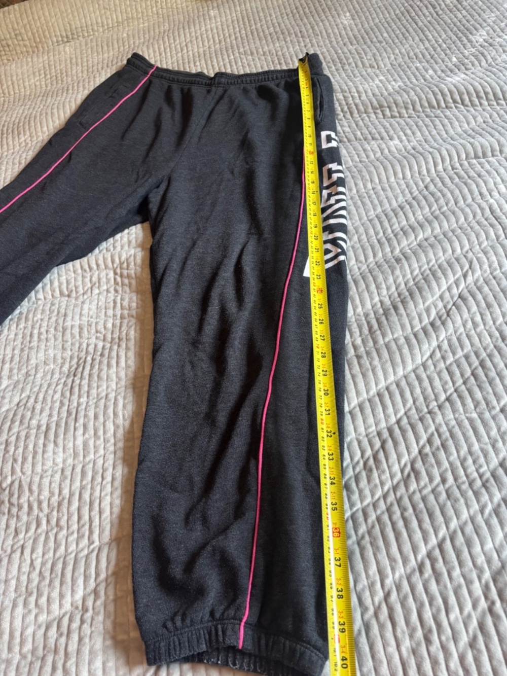 PINK Victoria's Secret Sweatpants Charcoal Dark Grey Pink Piping Graphic Large - Picture 5 of 8